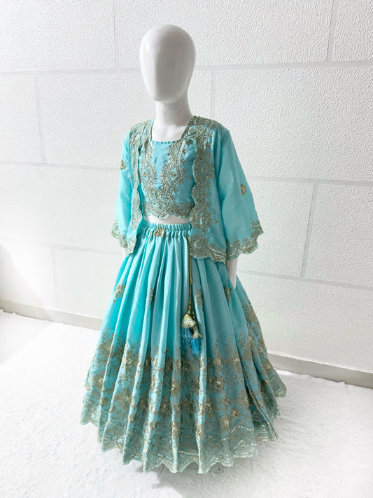 Sky color chinon silk lehenga choli with koti online shopping
