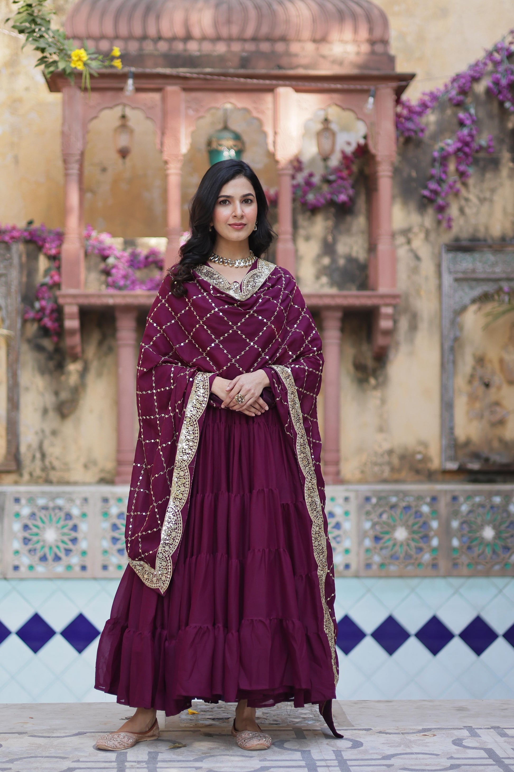Wine color georgette long gown online shopping