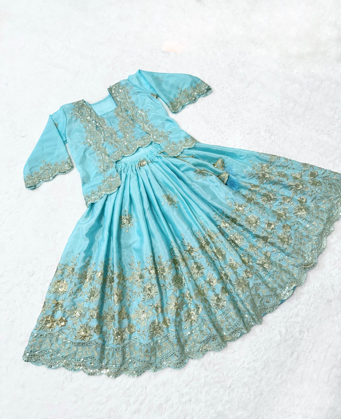 Sky color chinon silk lehenga choli with koti for party