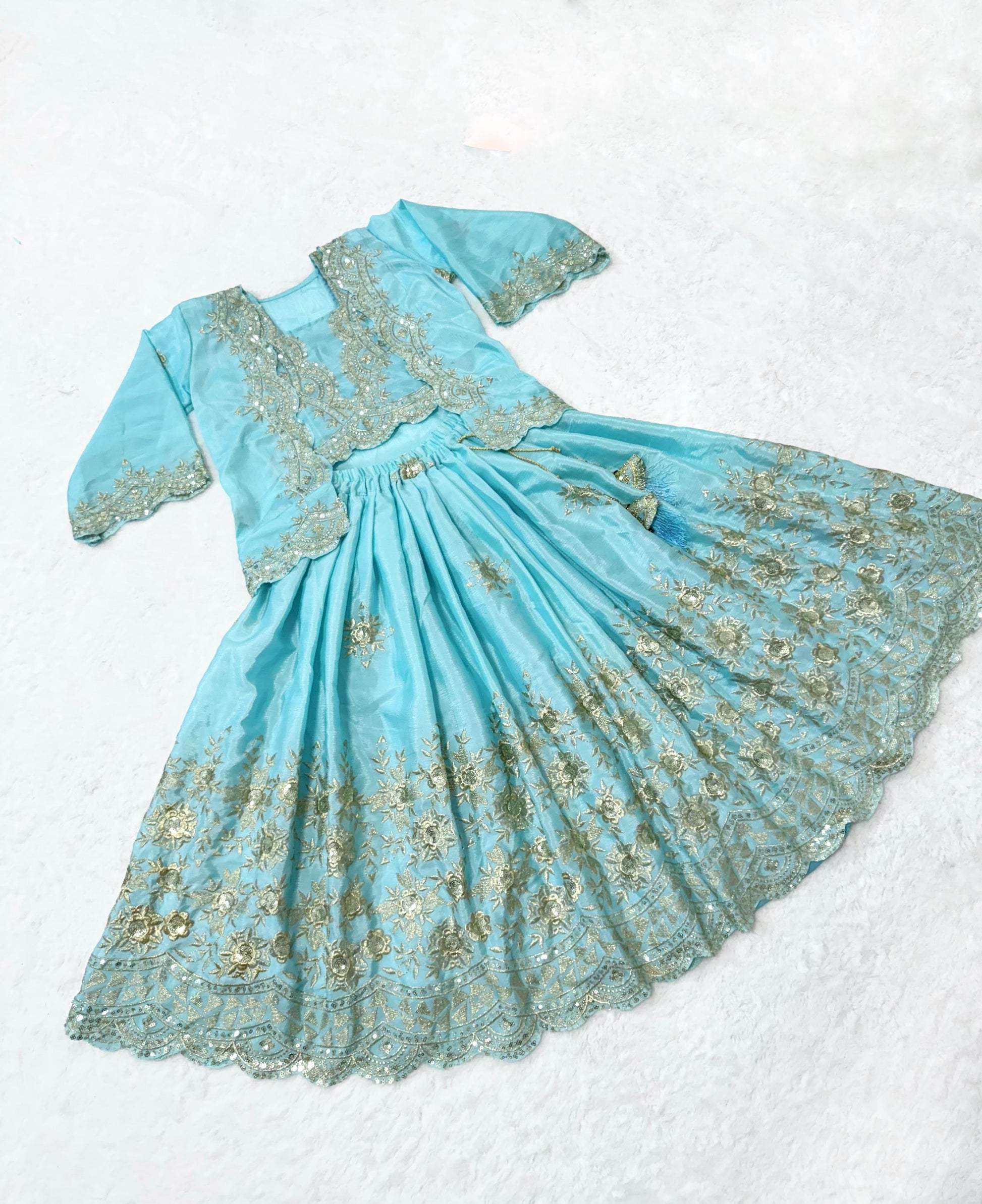 Sky color chinon silk lehenga choli with koti for party