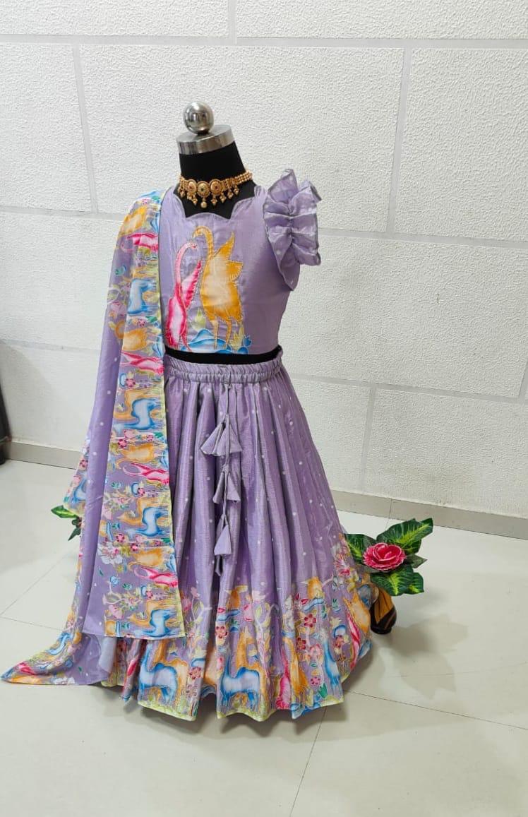Lavender color silk small girls lehenga choli saree for kids price

