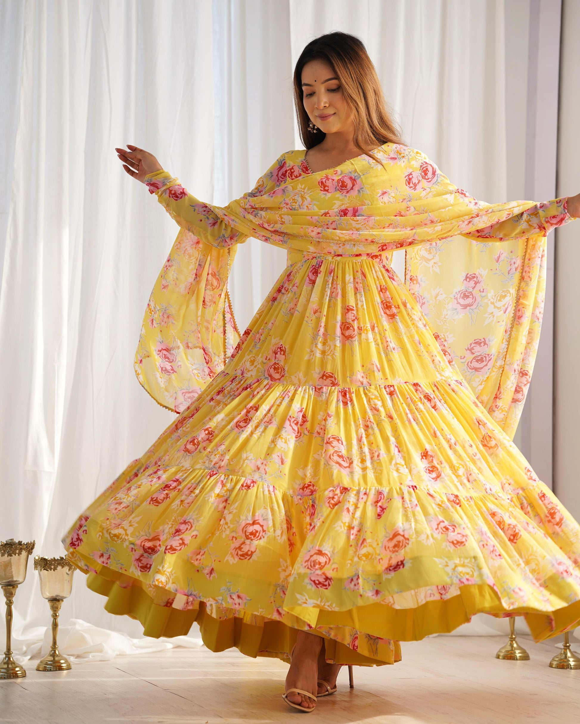 Long yellow georgette gown for women
