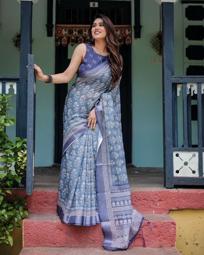 Sky blue color linen saree for women