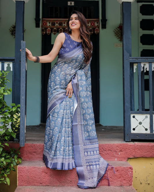 Sky blue color linen saree for women