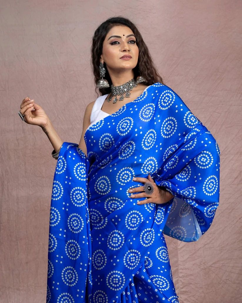 Blue color japan satin saree with blouse images