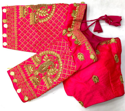 Pink color silk codding work sarees blouse online shopping