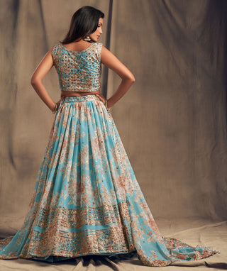 Ready to Wear Sky Blue Lengha Choli for Women Designer Ghagra