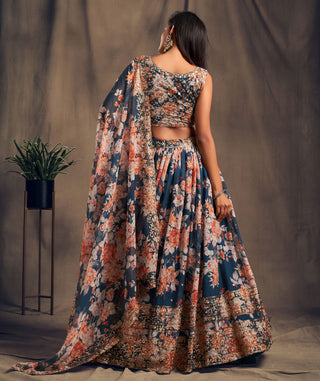 Blue Color Organza Printed Wedding Lehenga Choli