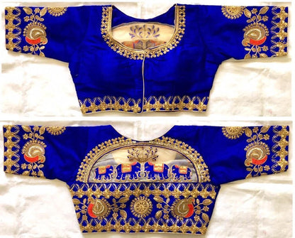 Blue color malbari silk embroidery work blouse images
