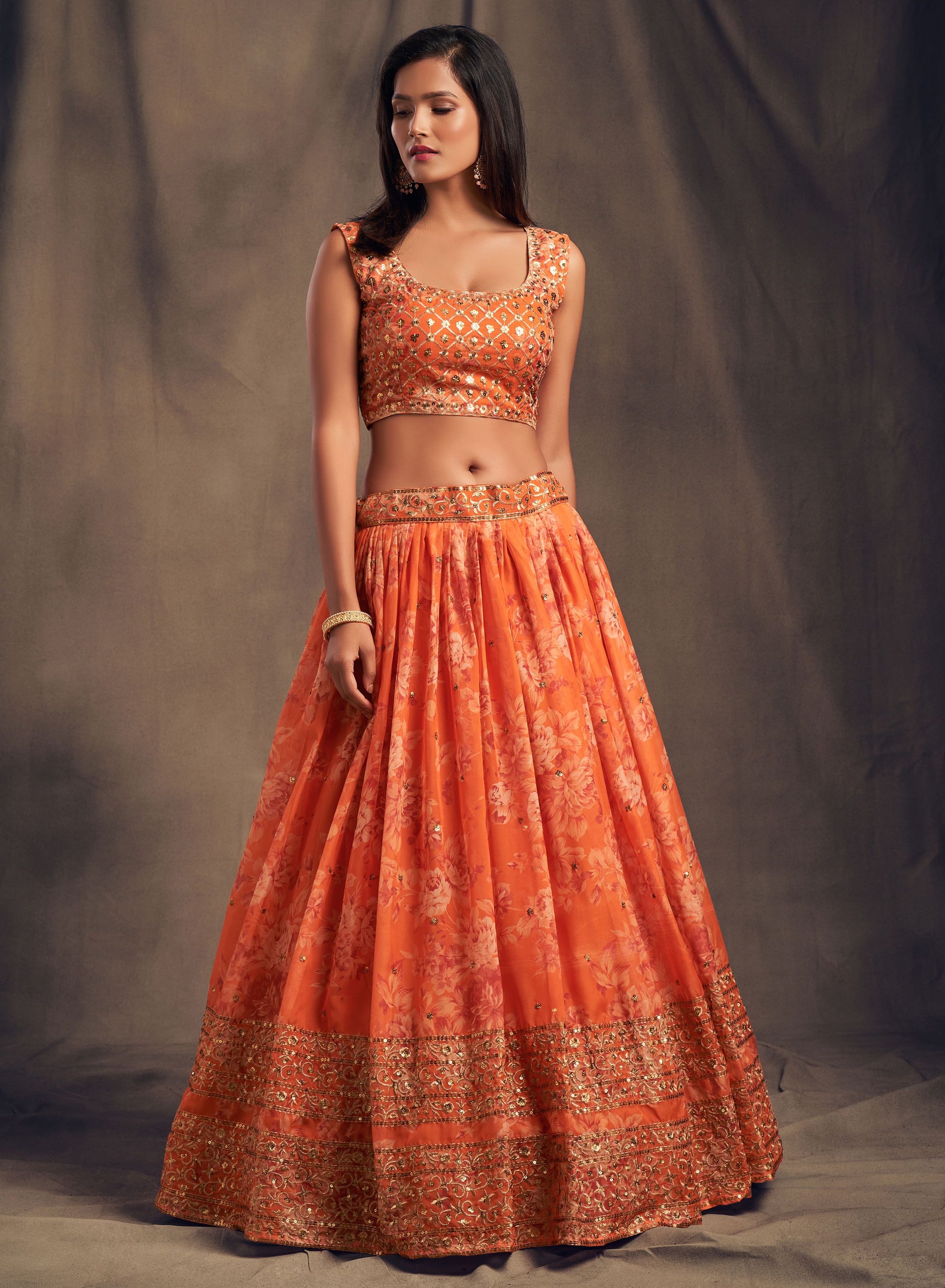 Orange organza lehenga for women online shopping
