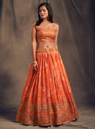 Orange Organza Printed Party Wear Lengha Choli For Women