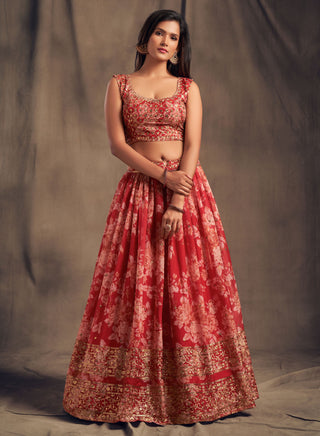 Floral Printed Red Organza Festival Ghagra Choli Lengha