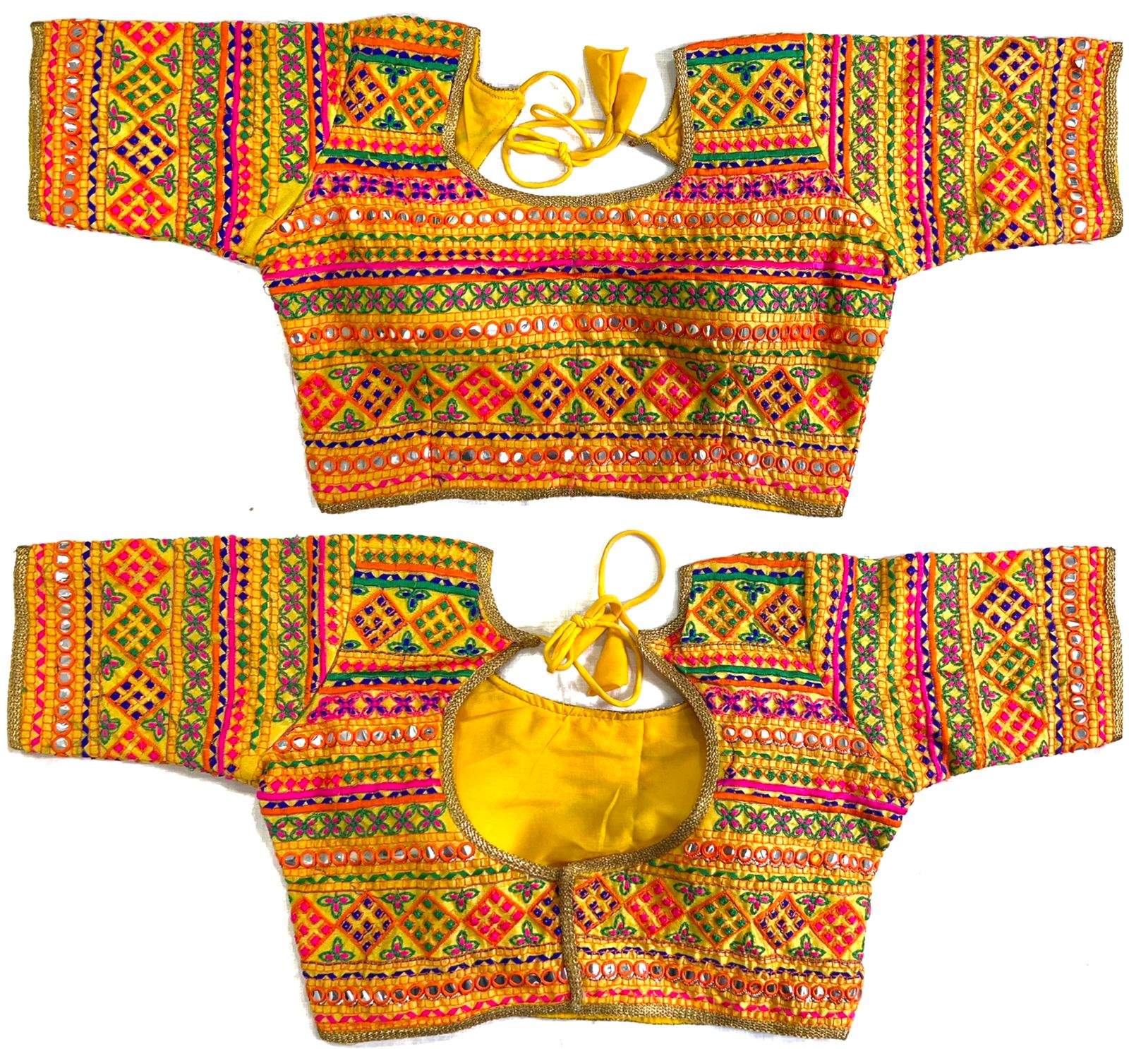 Yellow color silk mirror work blouse for navratri
