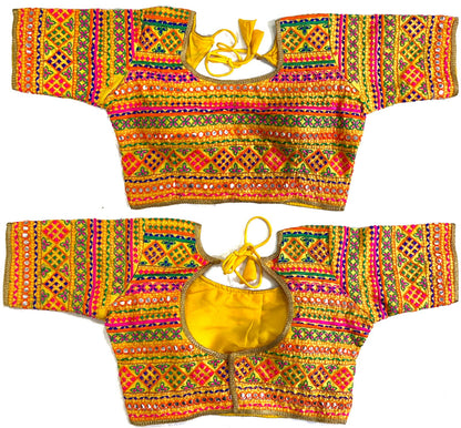 Yellow color silk mirror work blouse for navratri