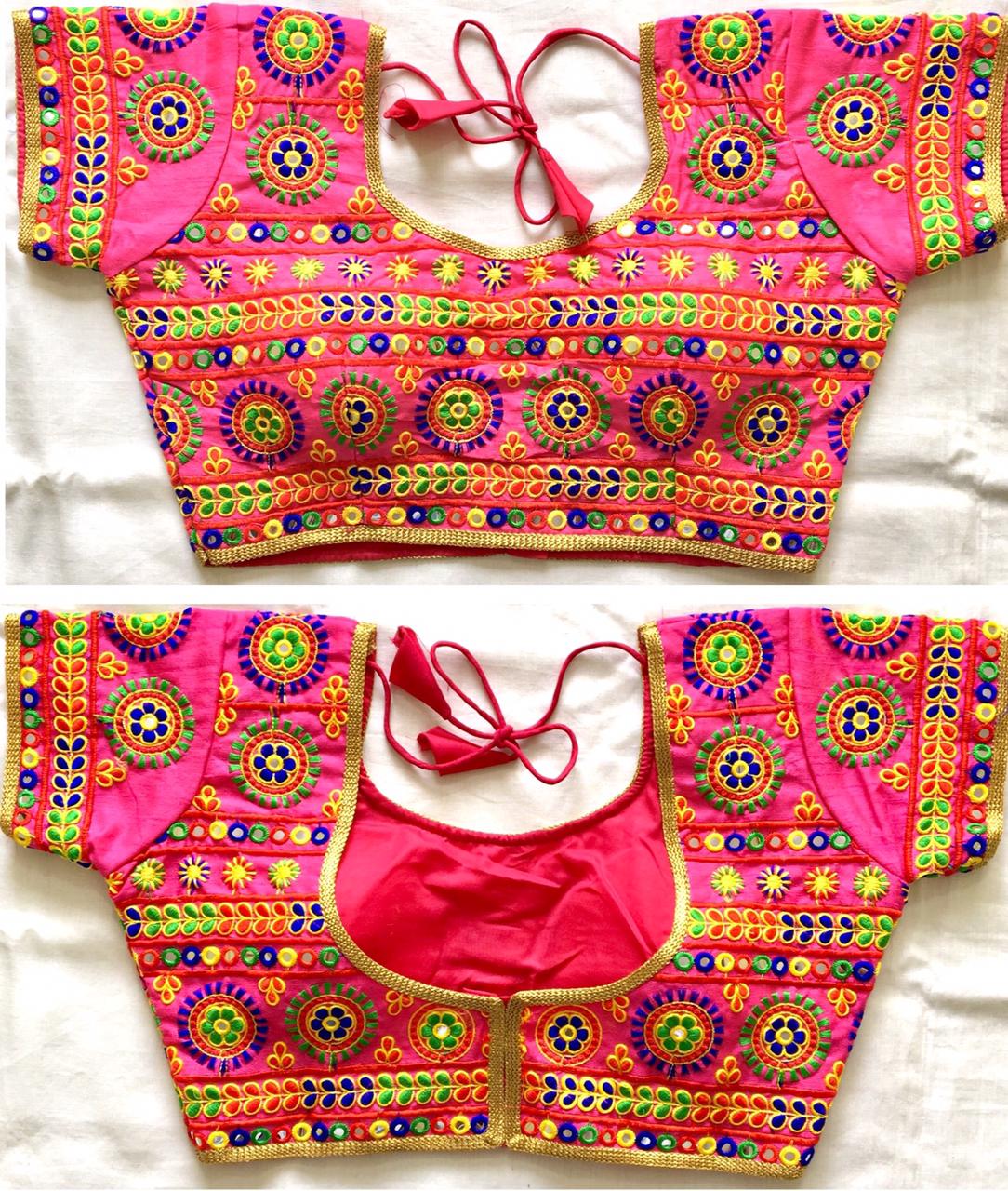 Pink color silk mirror work navratri blouse for garba night