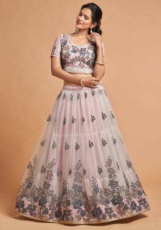 Grey color thread sequins & zari embroidery work lehenga choli price