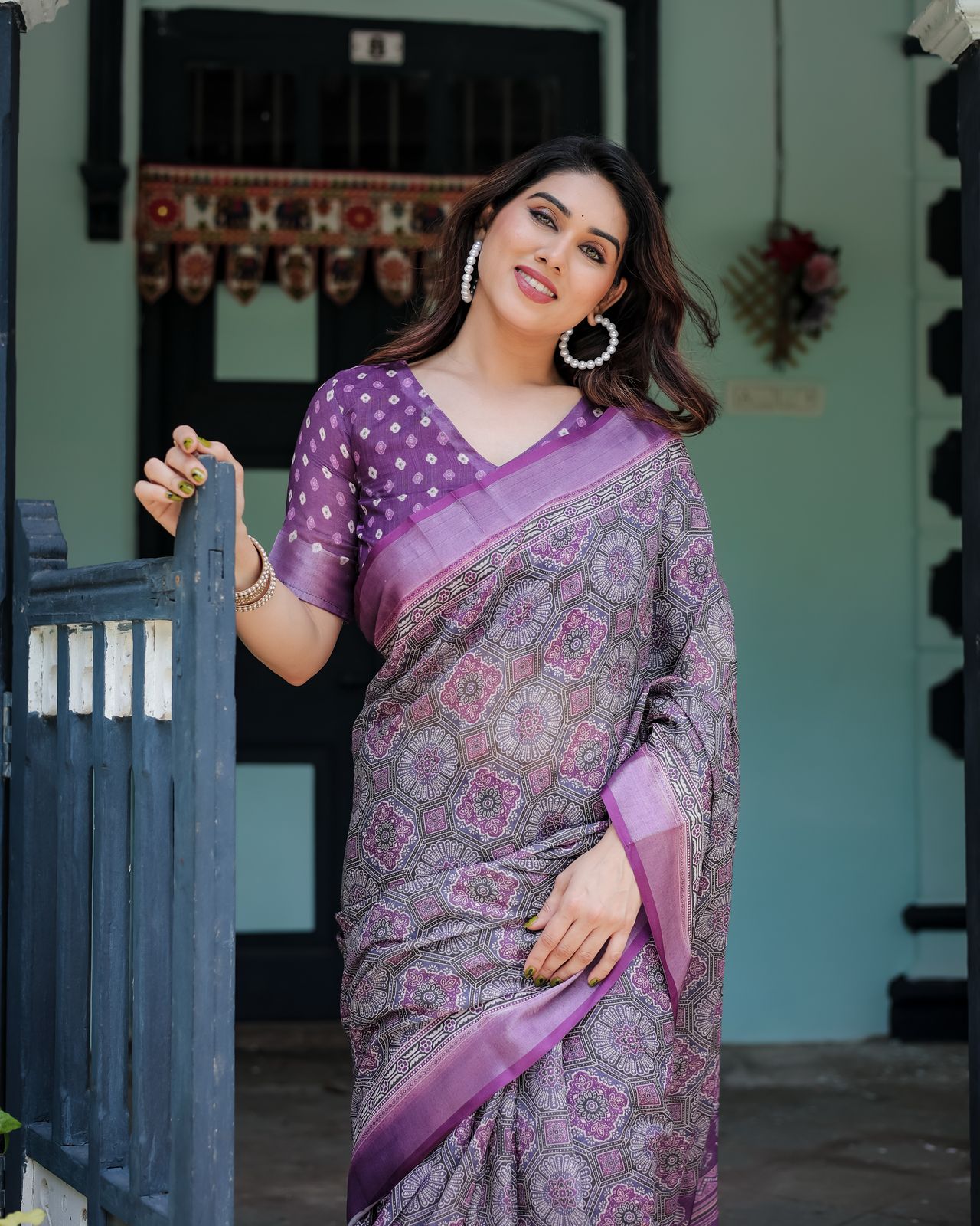 Purple color linen printed saree with blouse online shopping