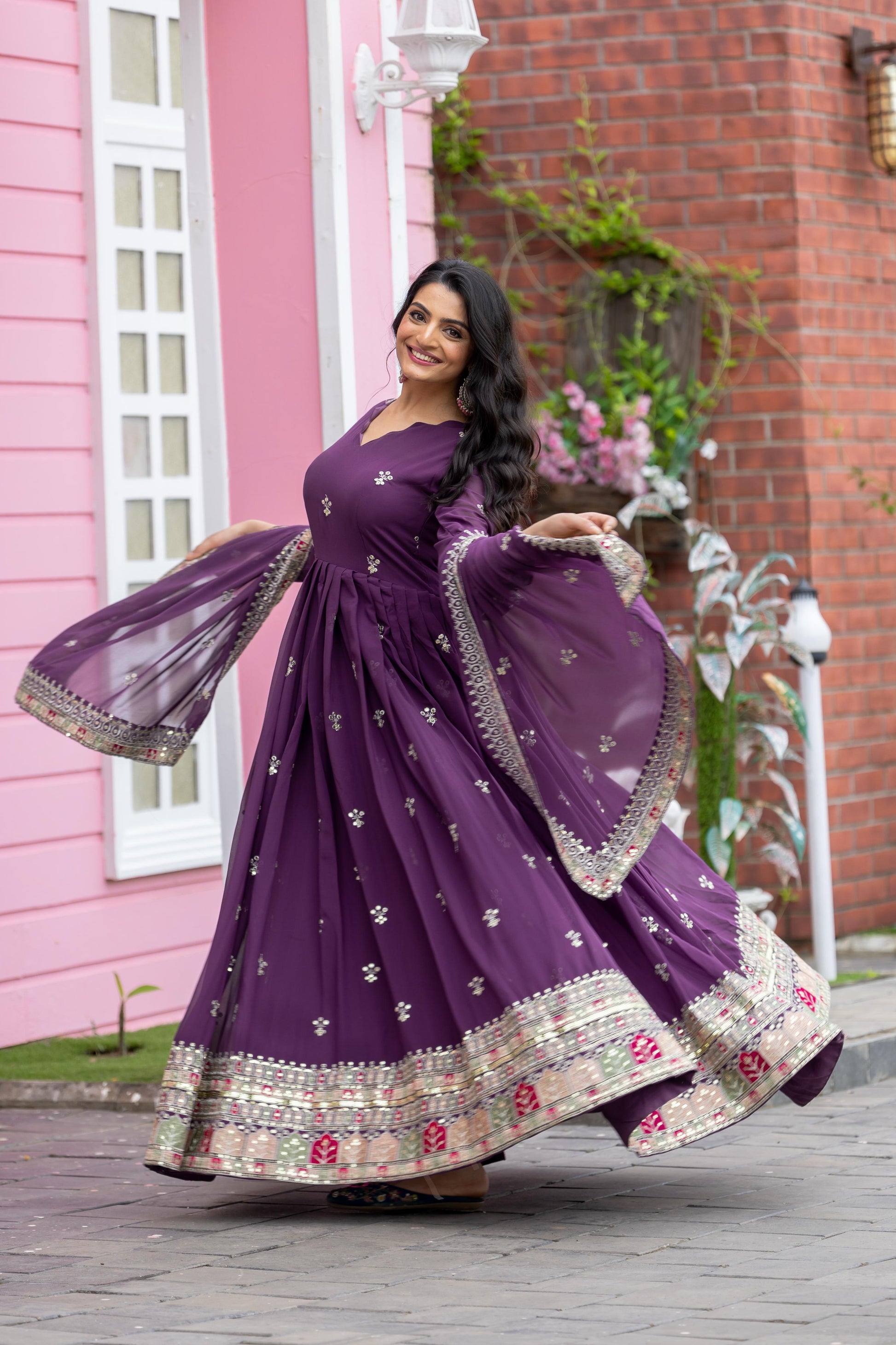 Purple color georgette long gown with dupatta price