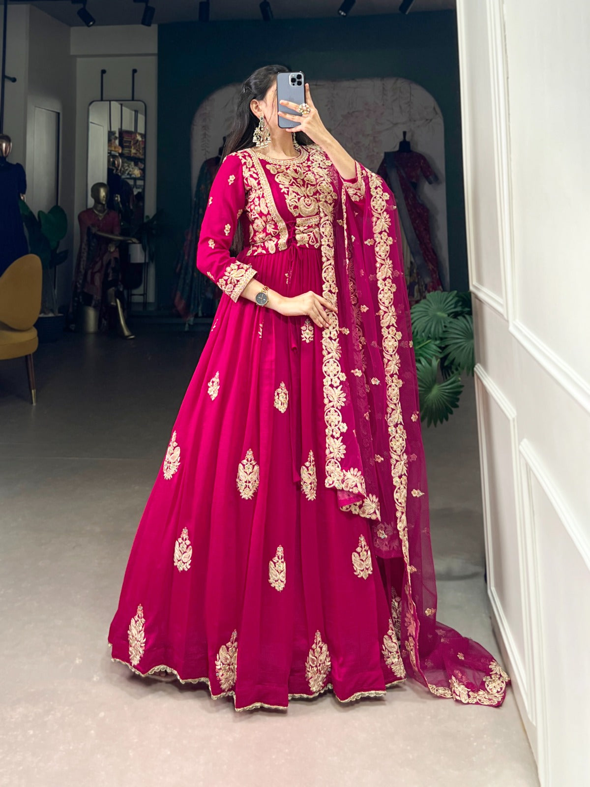 Rani pink color vichitra silk long gown with dupatta online shopping