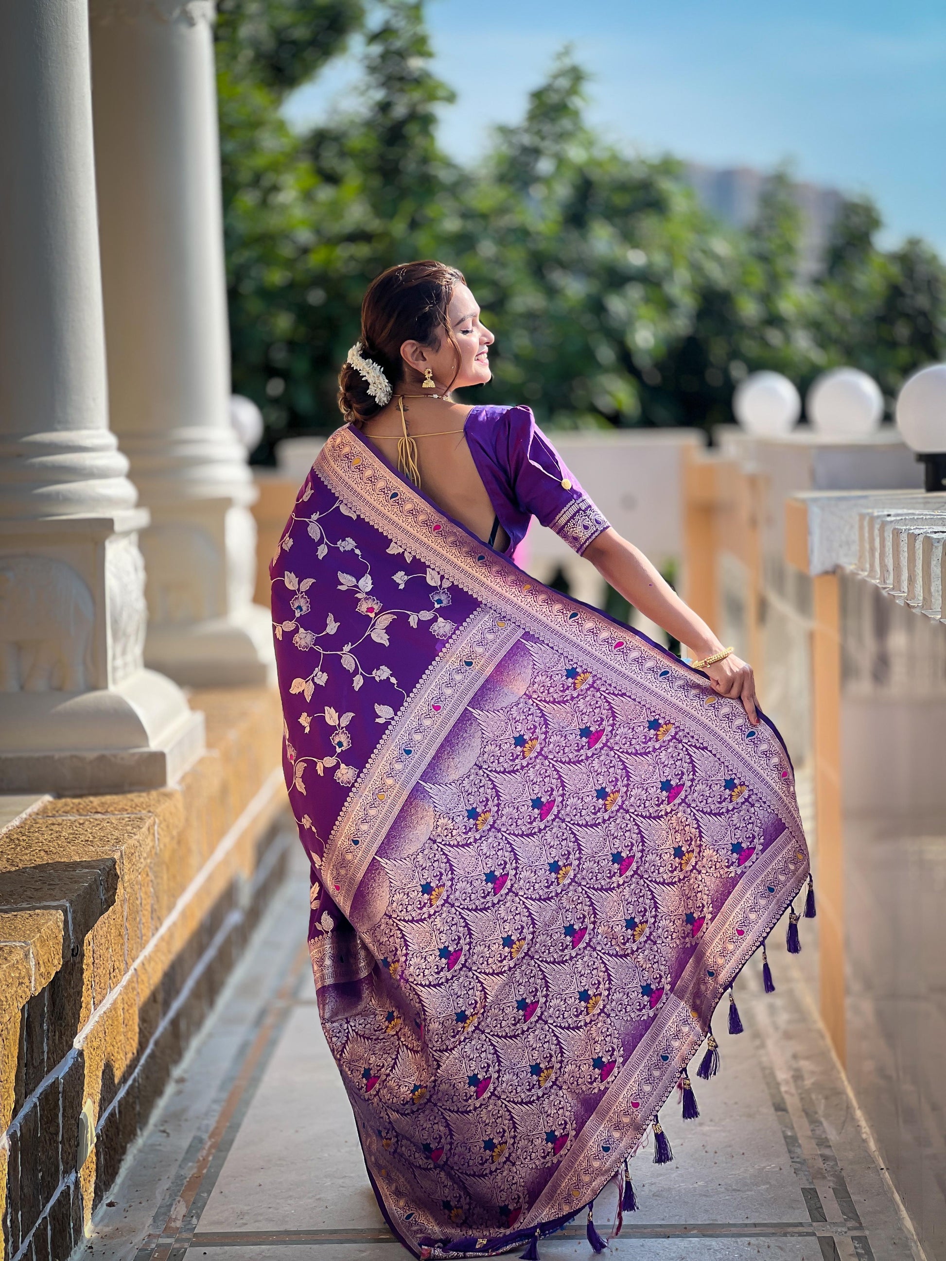 Purple color banarasi silk saree with blouse price