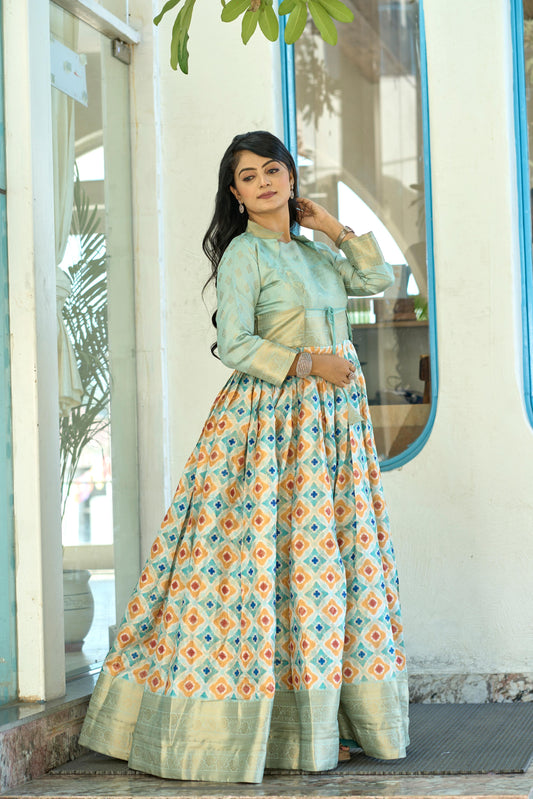 Firozi color soft silk long gown with koti