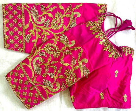 Rani pink color banarasi silk saree blouse