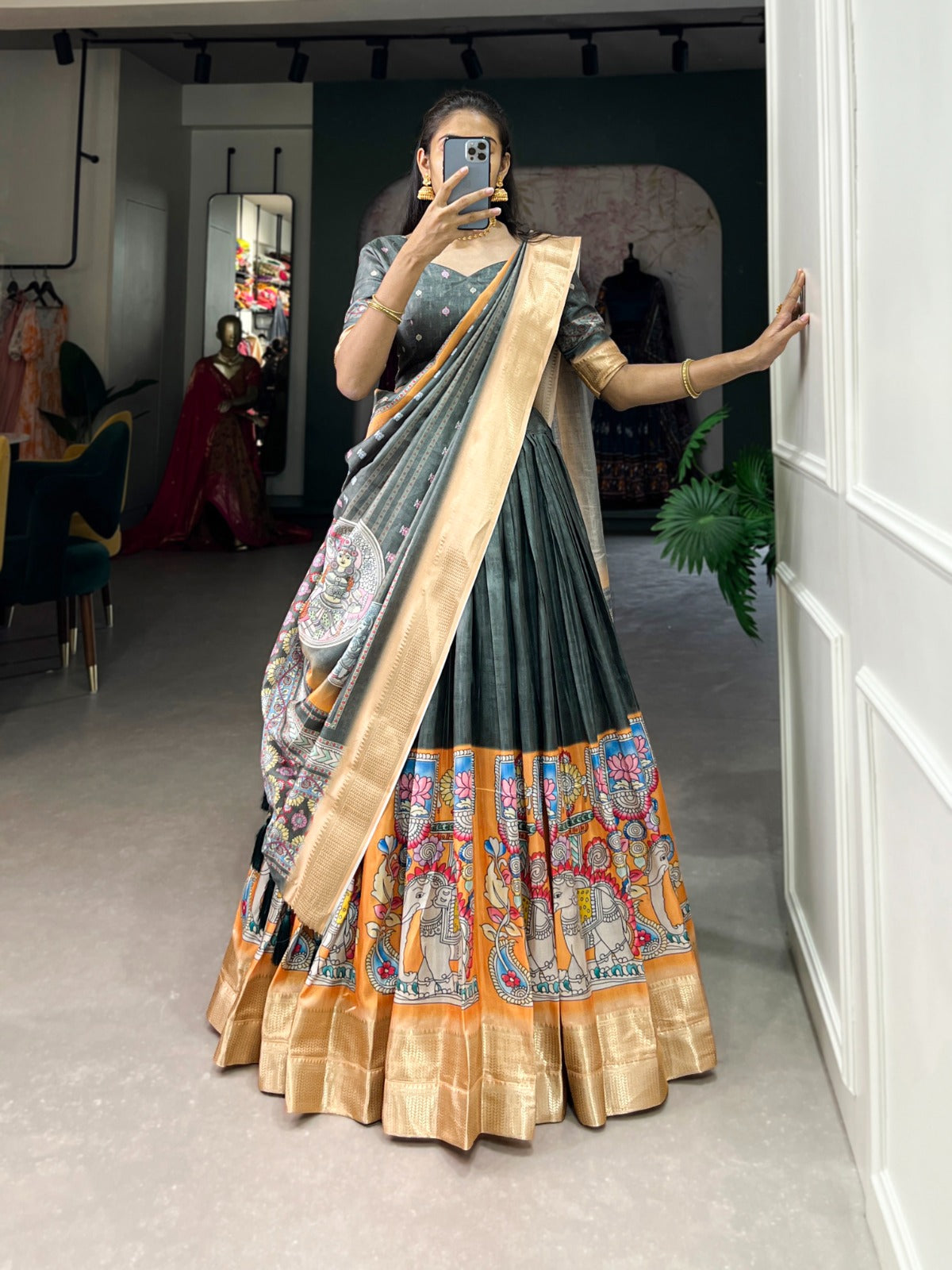 Green Color Traditional lehenga choli dola silk with price