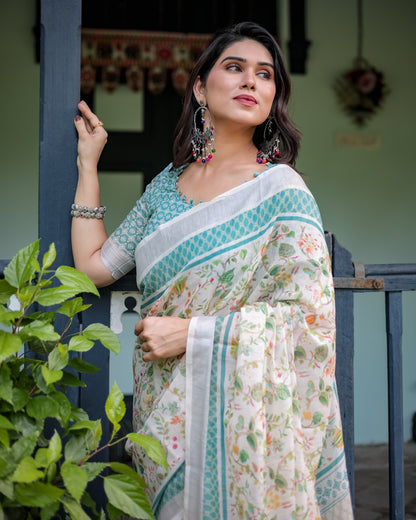Ivory color linen printed saree with blouse images