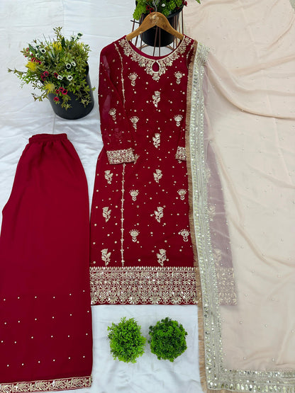 Red color georgette plazzo suit for women