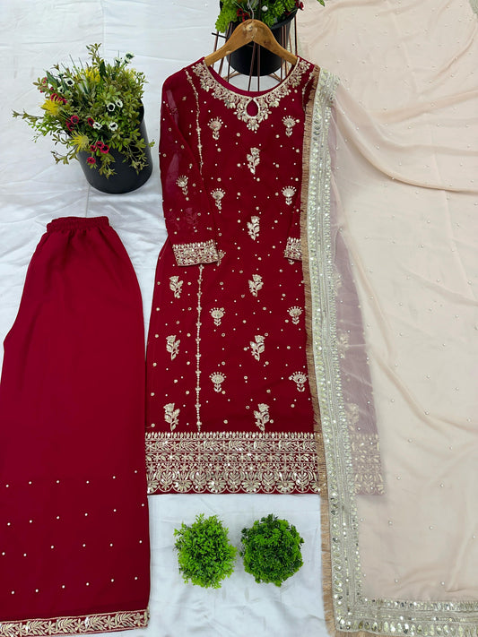 Red color georgette plazzo suit for women
