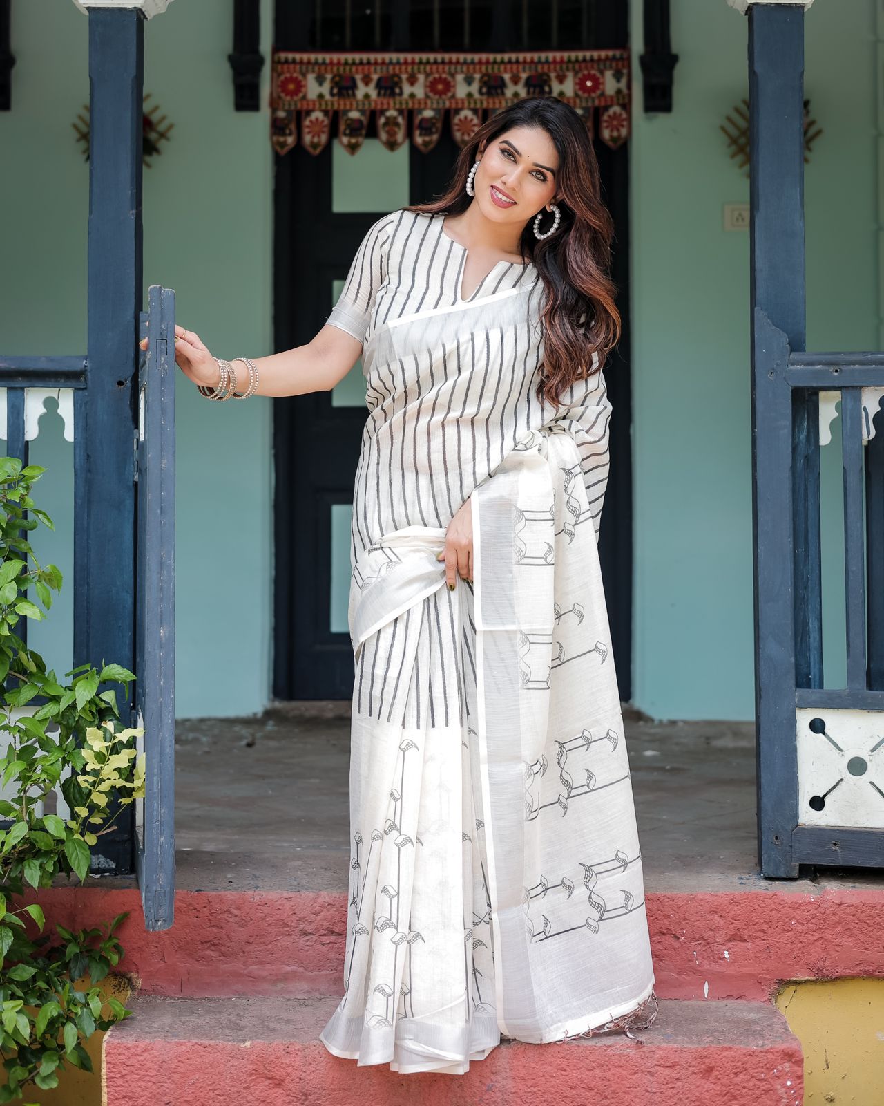 White color linen printed saree for women