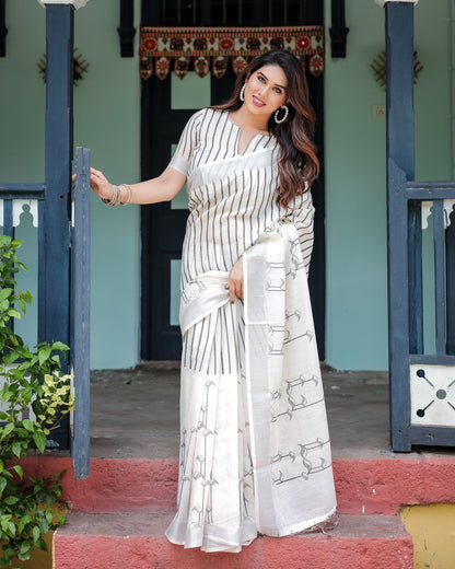 White color linen printed saree for women