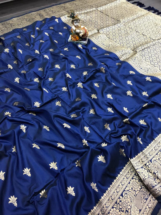 Blue color lichi silk saree with blouse online