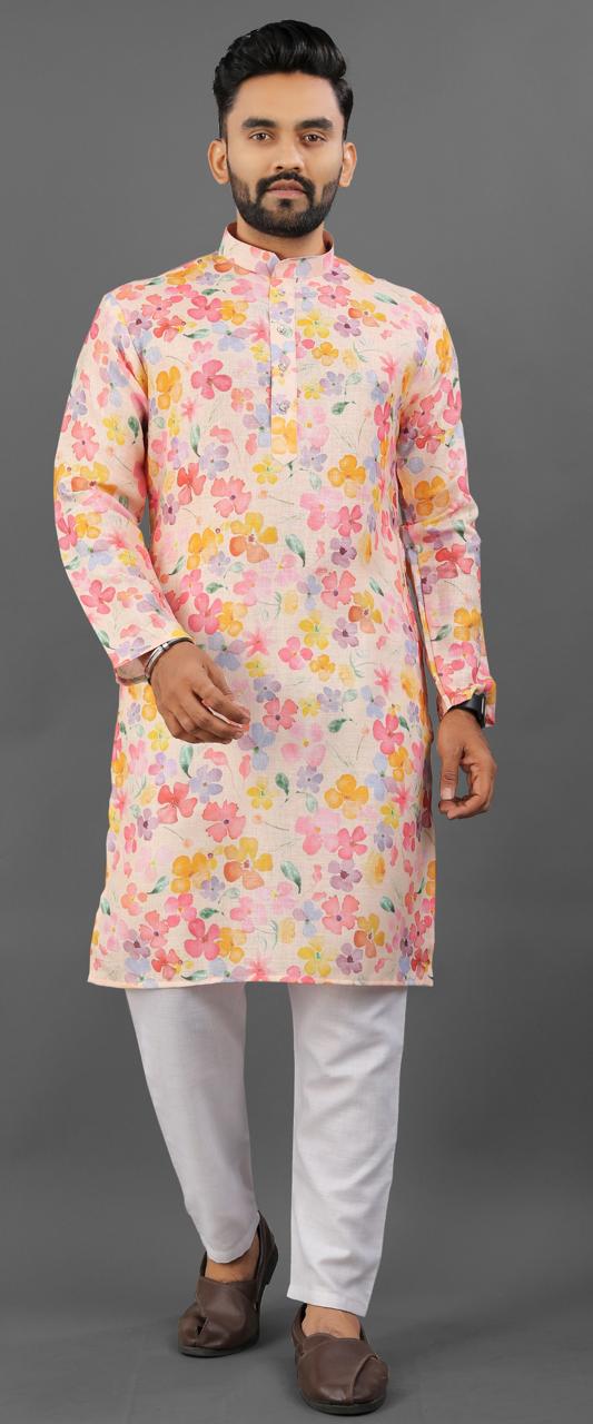 Pink color linen men's kurta for wedding