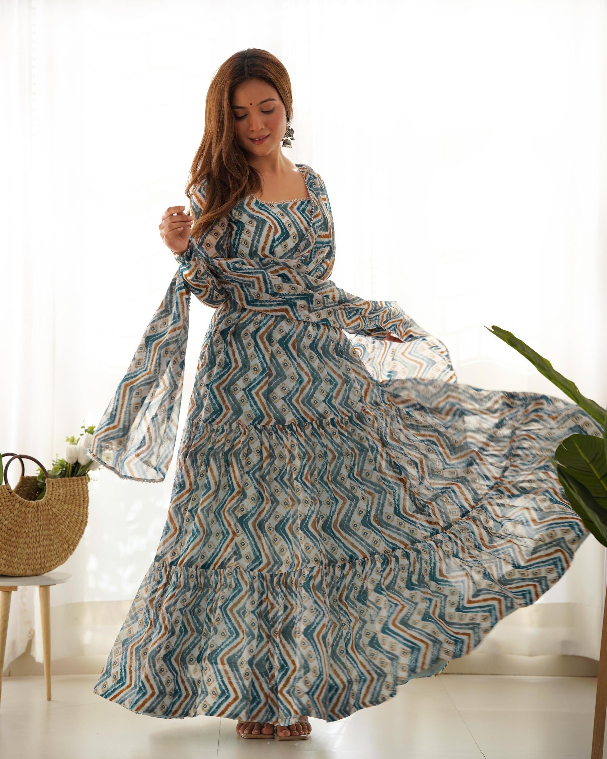Premium Designer Zigzag Printed Blue Gown for Engagement Ragthm Premium Designer Zigzag Printed Blue Gown for Engagement Ragthm