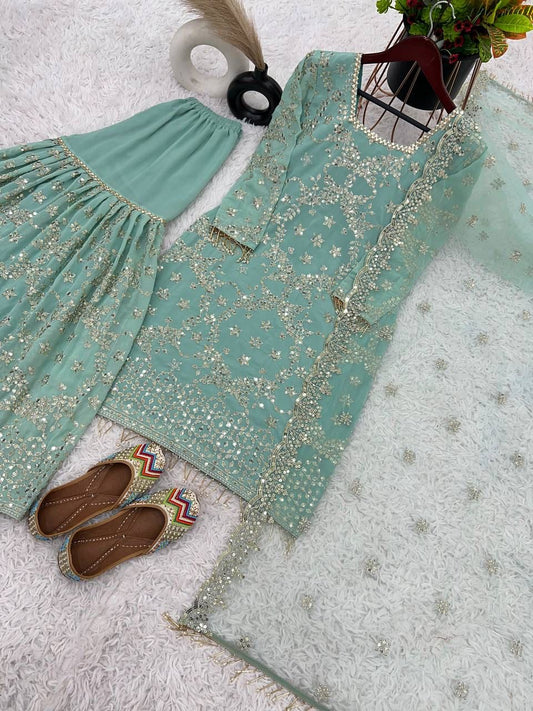 Sky color georgette sharara suit with dupatta online