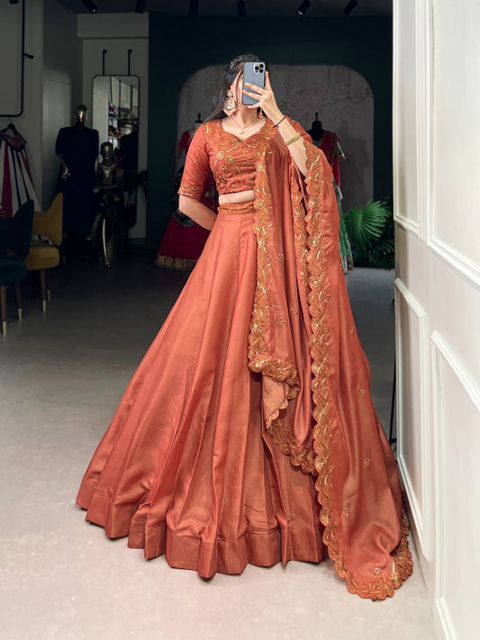 Orange color korean pure tussar lehenga choli for women price
