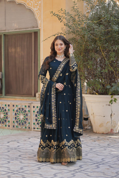 Teal blue color faux blooming anarkali gown 