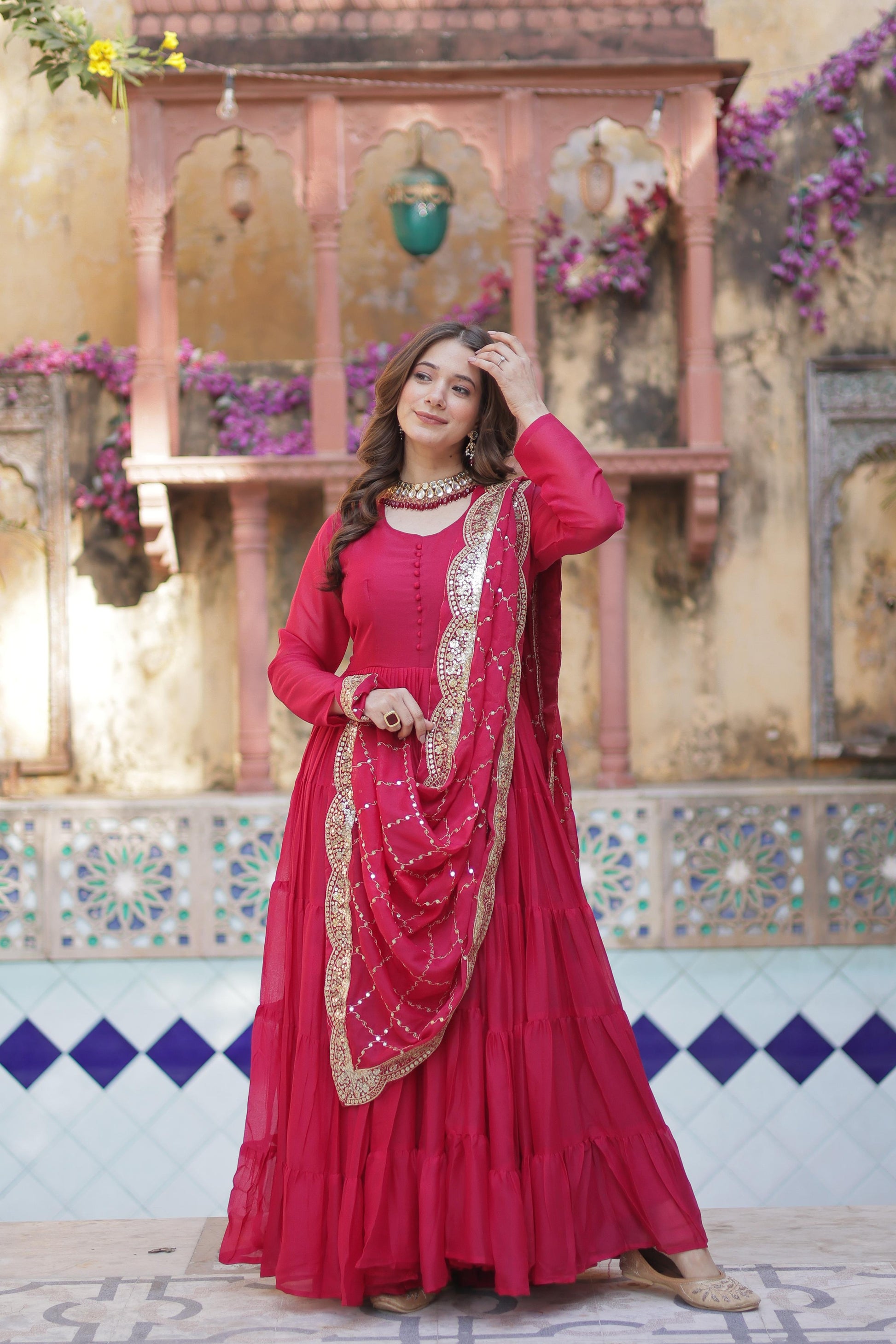 Pink color georgette anarkali gown price