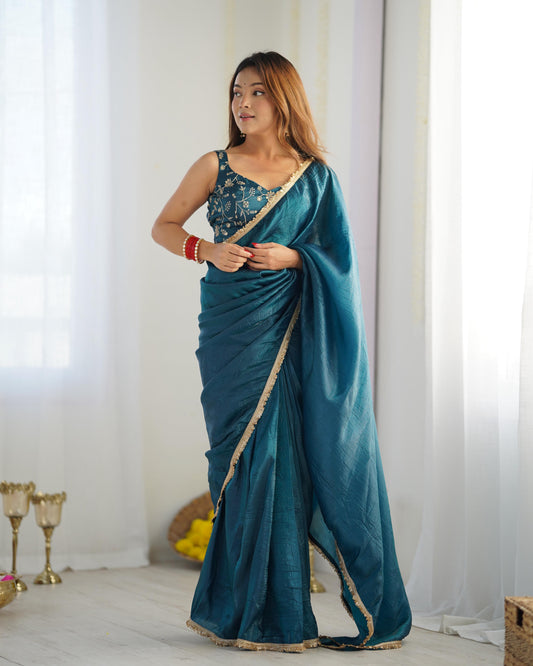 Teal blue color gold crush tissue silk saree for women