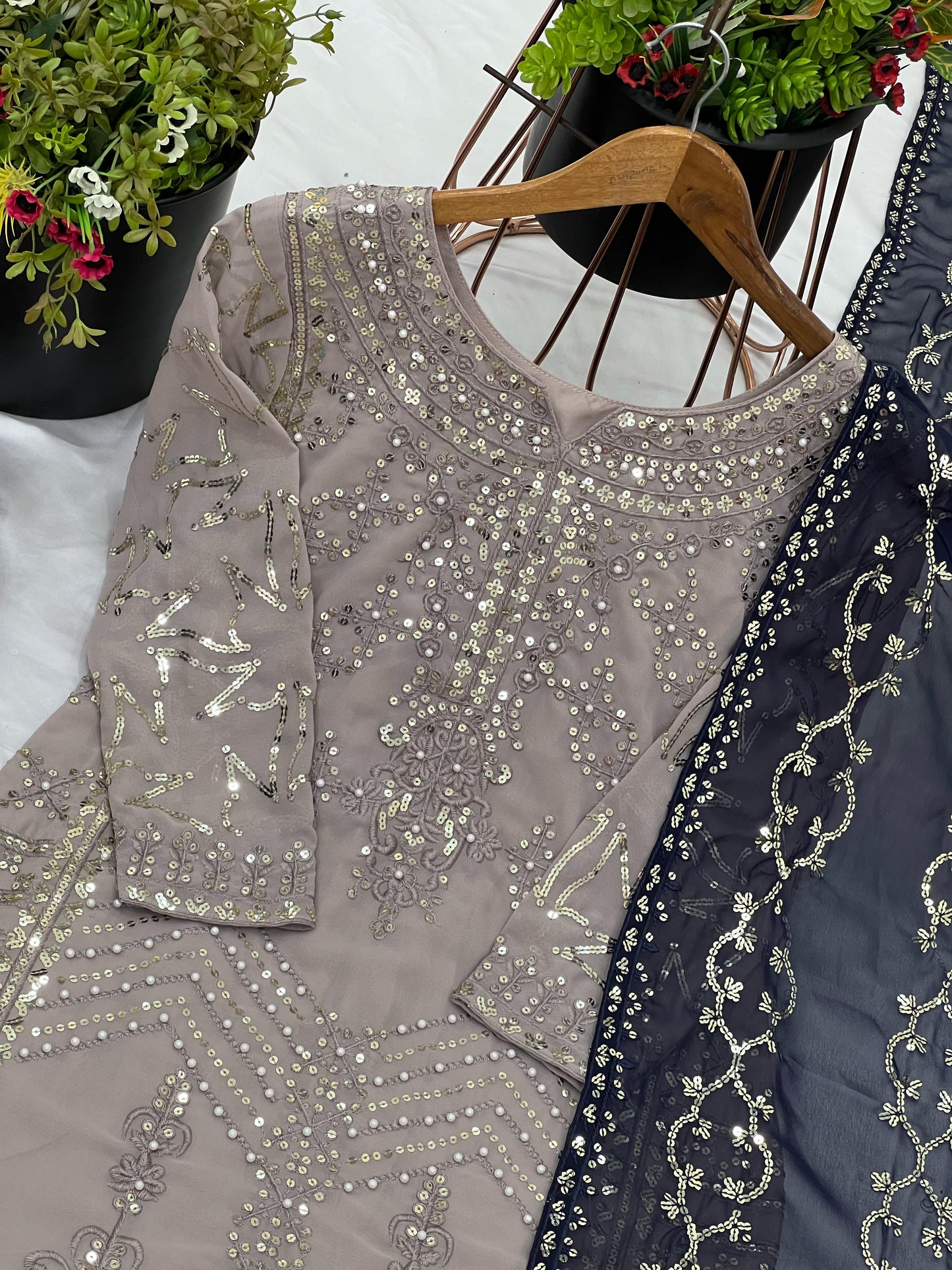 Beige color georgette sharara suit with dupatta online