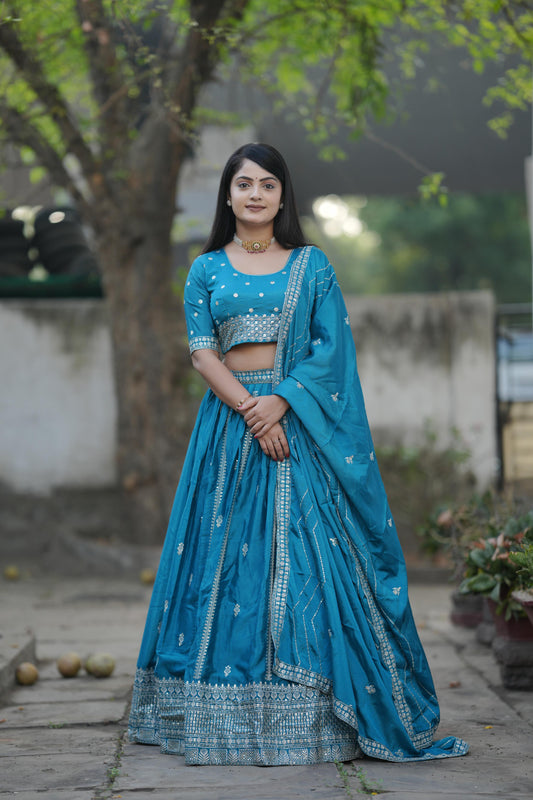Firozi color chinon lehenga choli for wedding