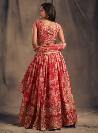 Floral Printed Red Organza Festival Ghagra Choli Lengha