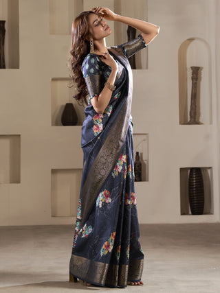 Navy blue dola silk printed saree for women online
