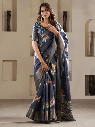 Navy blue dola silk printed saree for women price
