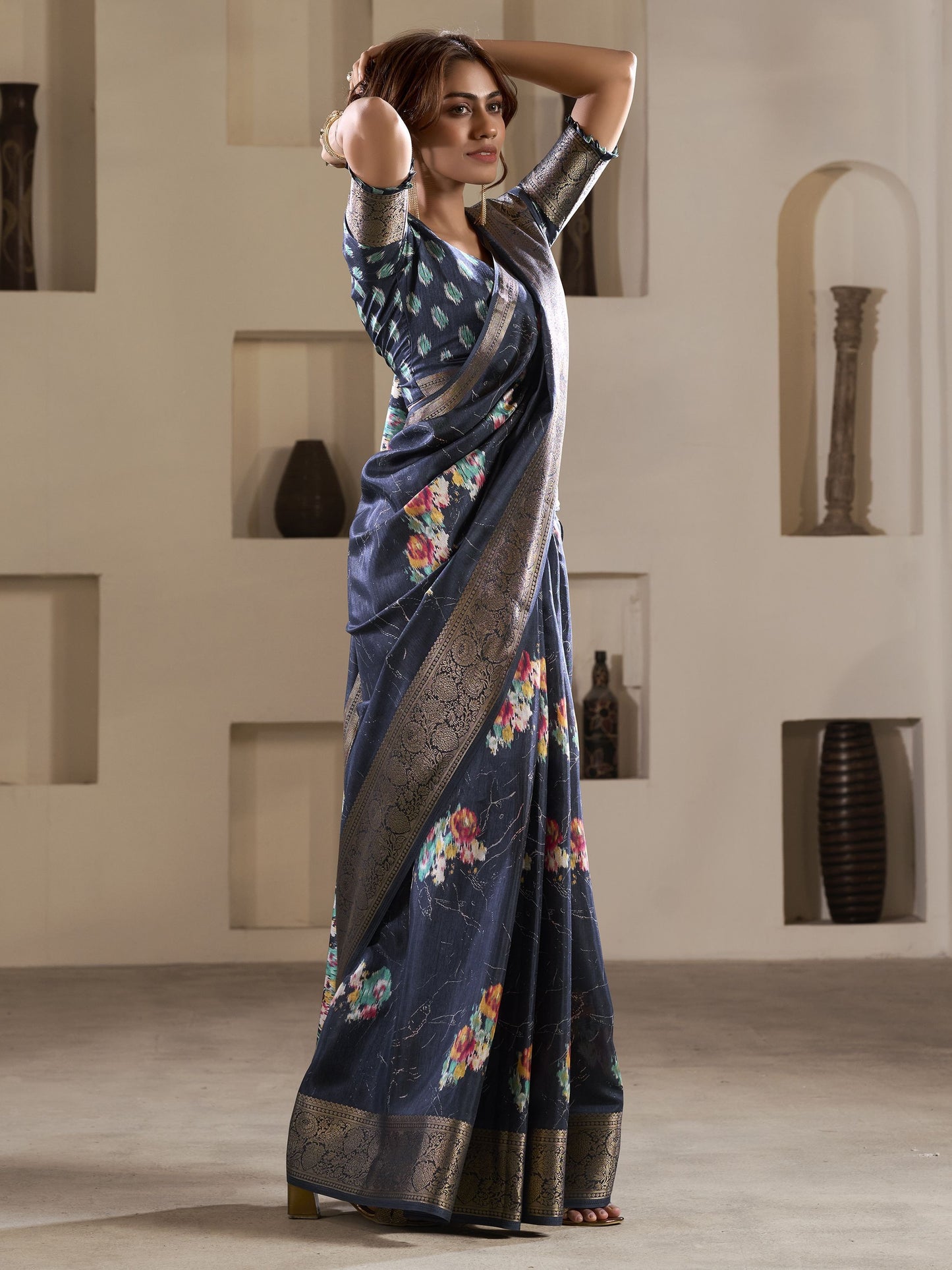 Navy Blue color dola silk saree for women