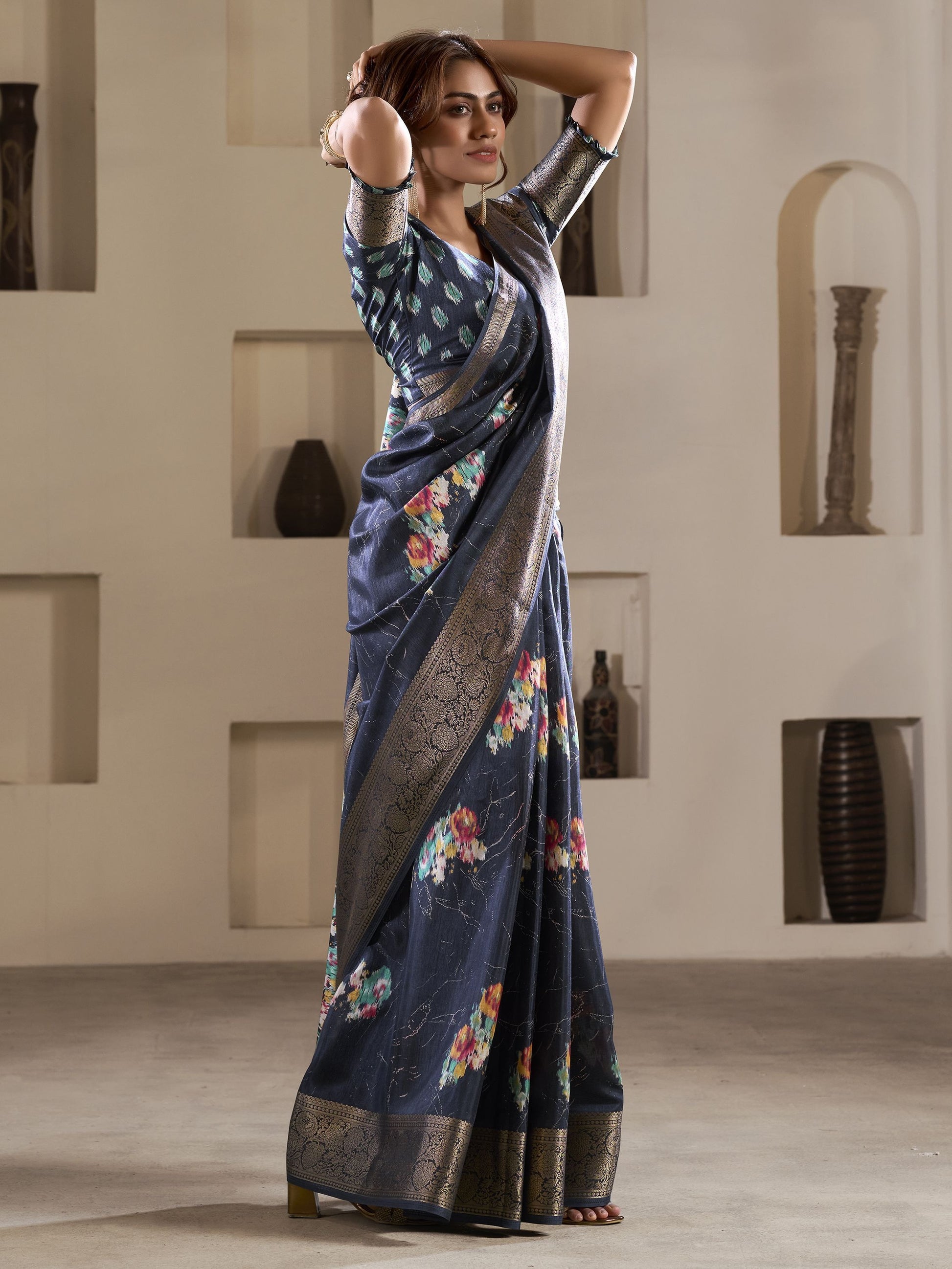 Navy Blue color dola silk saree for women