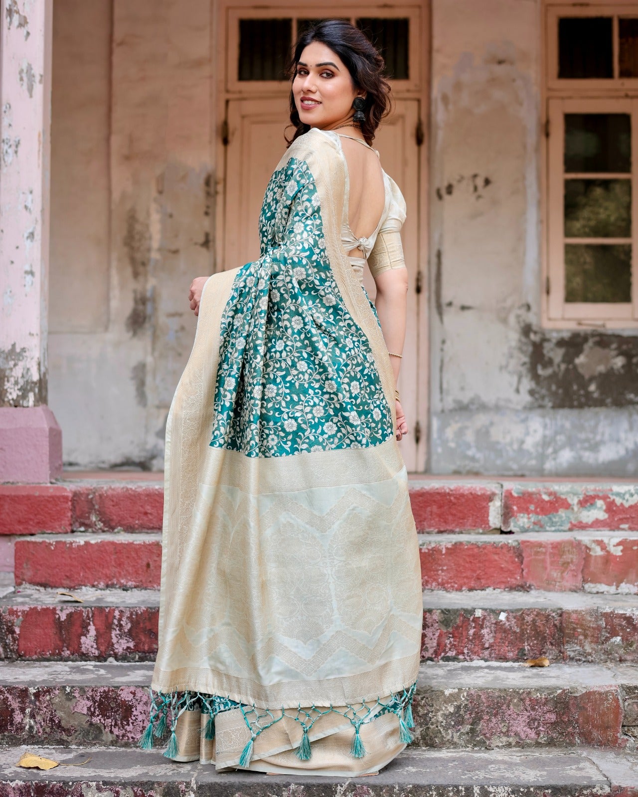 Teal green color linen printed saree for wedding