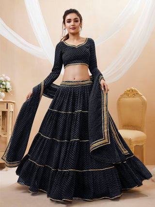 leheriya printed black lehenga choli for wedding