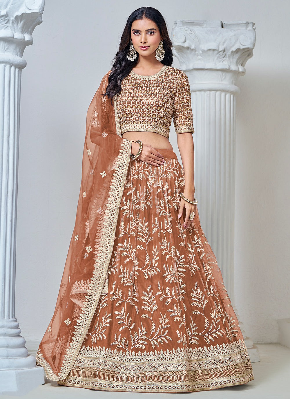 Dark brown color net lehenga choli for women
